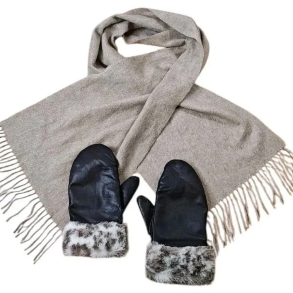 Lands End Cashmere Cuffs Leather Gloves Mittens Size Sm Med Fringed Scarf Beige